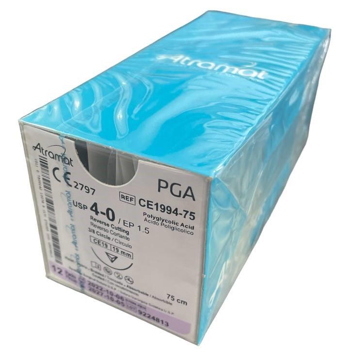 PGA (полігліколід) CE1994-75 плетений фіолетовий, що розсмоктується USP 4-0 (EP1.5) зі зворотн.-ріж. голкою 19мм, 3/8 кола, довж. нитки 75см